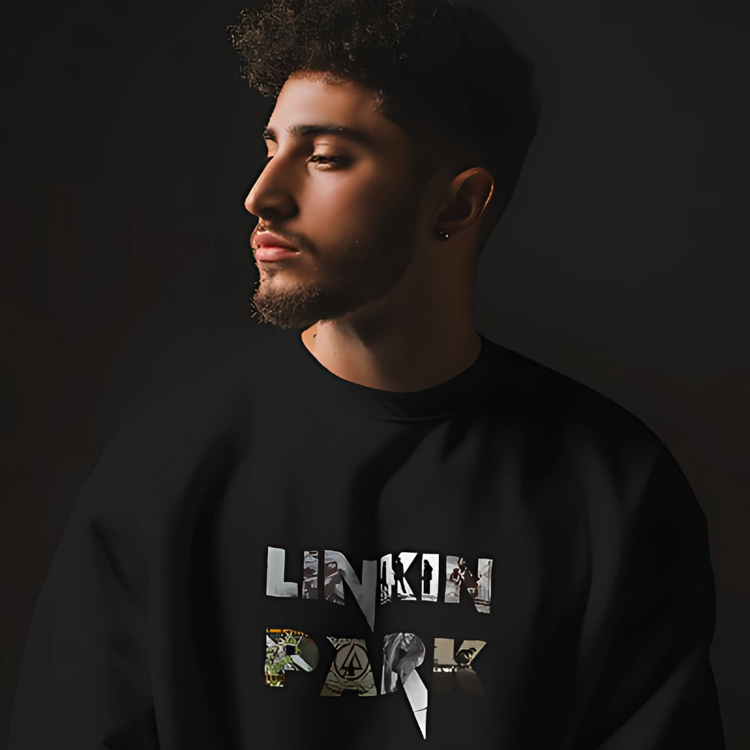 Black Linkin Park sweatshirt from Nitorious Atelier featuring a bold graphic inspired by the iconic band. Crafted from premium cotton, this sweatshirt combines comfort with a stylish, edgy look, perfect for music fans.