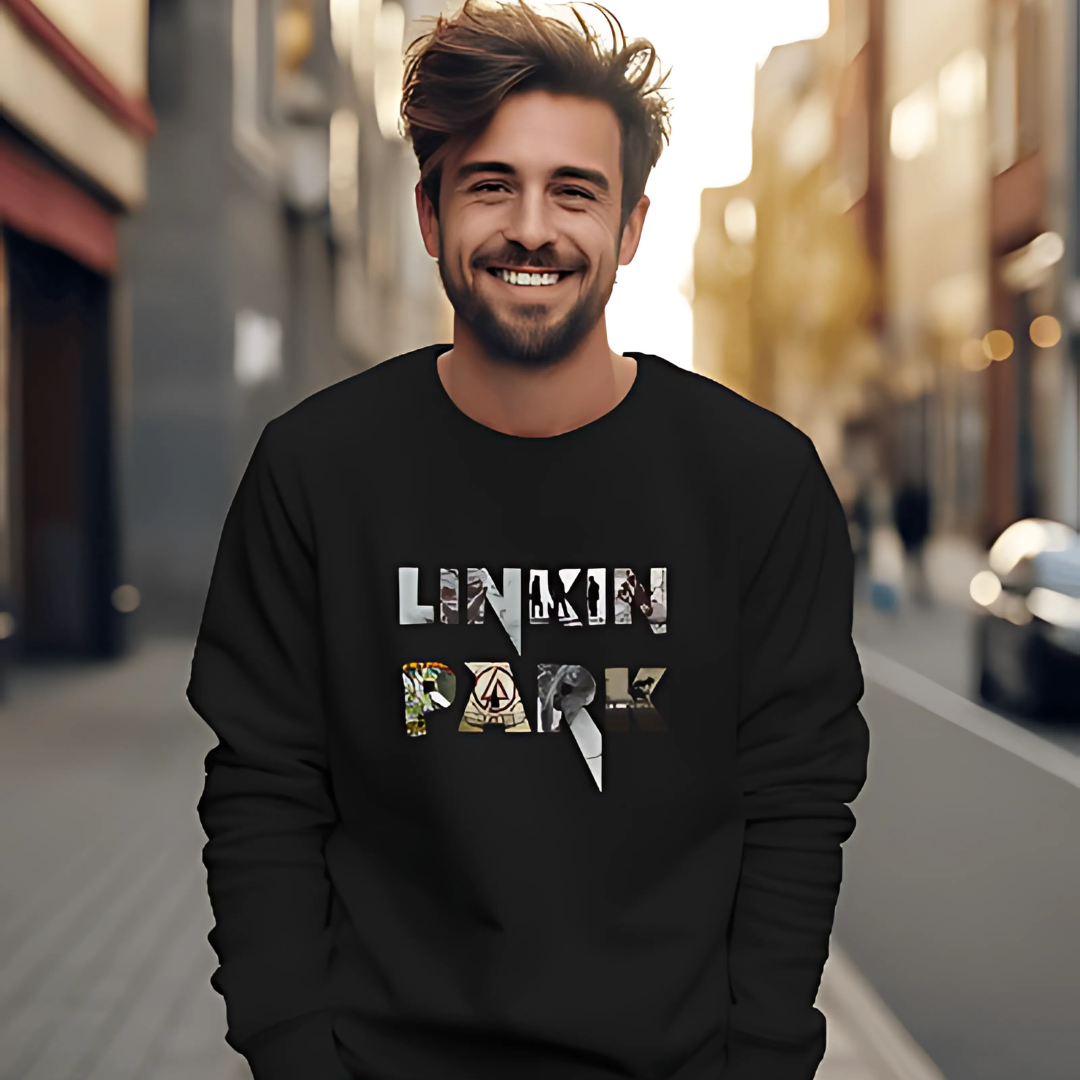 Black Linkin Park sweatshirt from Nitorious Atelier featuring a bold graphic inspired by the iconic band. Crafted from premium cotton, this sweatshirt combines comfort with a stylish, edgy look, perfect for music fans.