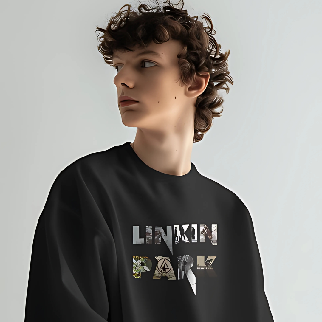 Black Linkin Park sweatshirt from Nitorious Atelier featuring a bold graphic inspired by the iconic band. Crafted from premium cotton, this sweatshirt combines comfort with a stylish, edgy look, perfect for music fans.