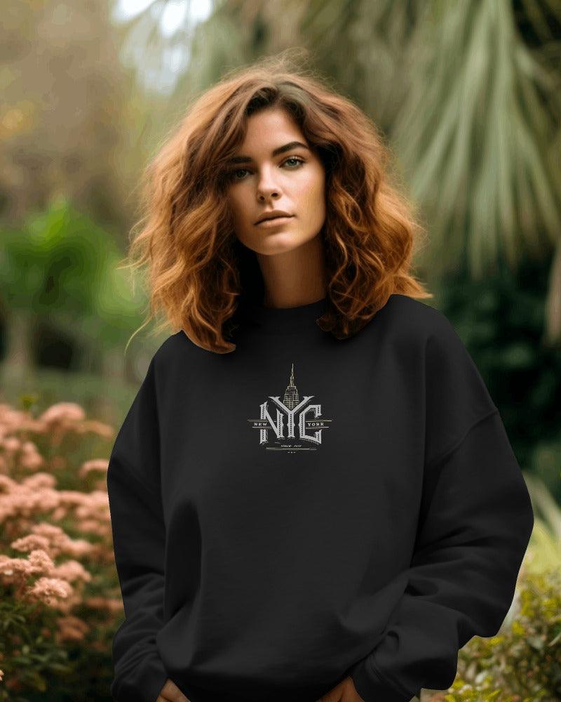 Nitorious Atelier heavy gauge sweatshirt in black featuring a bold New York City print. Made from premium fabric for warmth and durability, this stylish sweatshirt combines urban flair with superior comfort for a trendy casual look.