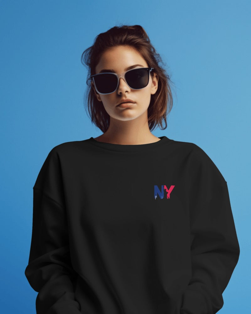 Nitorious Atelier heavy gauge sweatshirt in black featuring a luxe NY print. Crafted from premium fabric for warmth and durability, this stylish sweatshirt combines urban elegance with exceptional comfort for a chic, casual look