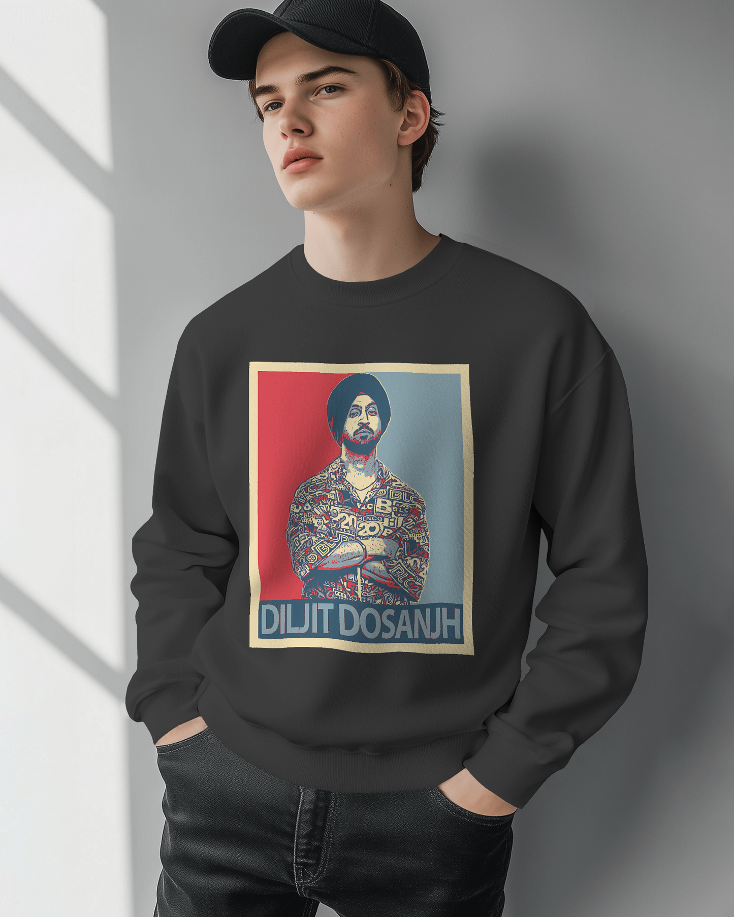 Diljit Dosanjh black sweatshirt featuring a bold graphic of the Punjabi music icon. Made from high-quality cotton fleece, this sweatshirt delivers warmth, comfort, and a stylish fit, perfect for fans wanting to represent their favorite artist in cooler weather.