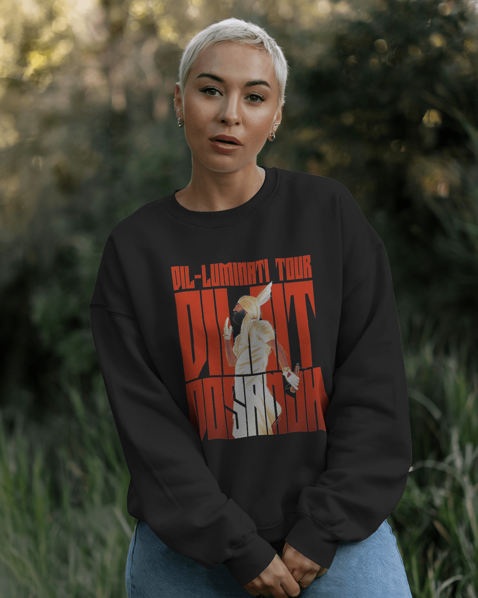 Black Diljit Diluminati sweatshirt from Nitorious Atelier featuring a bold graphic inspired by Diljit Dosanjh. Made from premium cotton fleece, this sweatshirt combines comfort and style, perfect for fans looking to make a statement with a unique design.