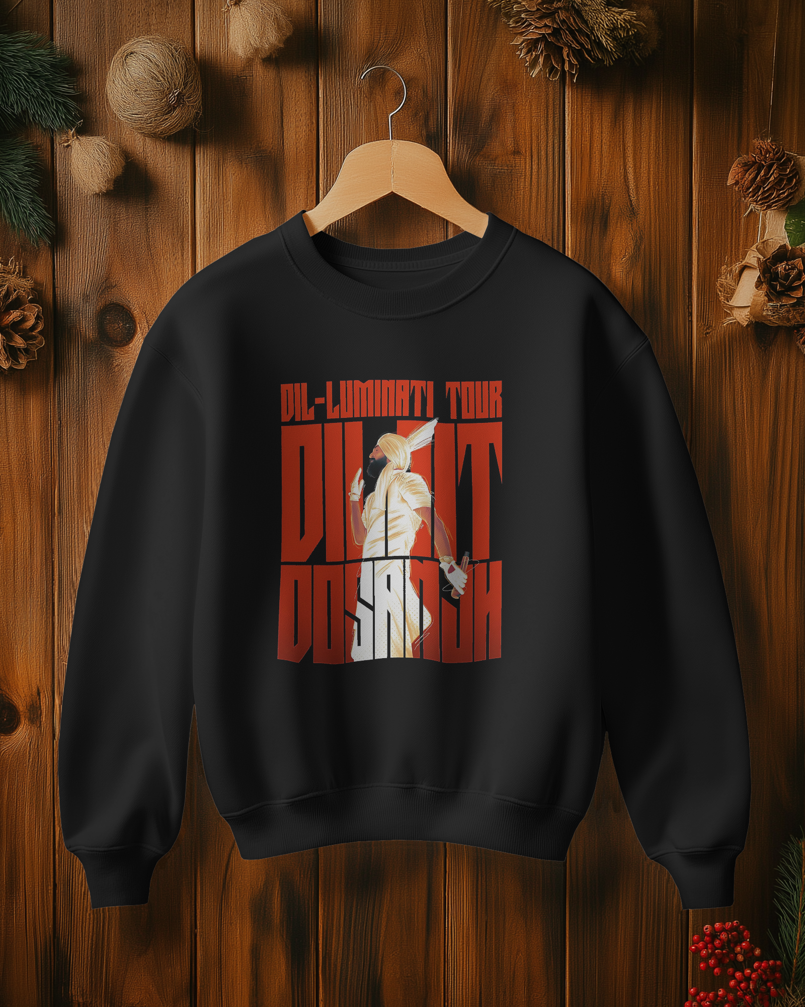 Black Diljit Diluminati sweatshirt from Nitorious Atelier featuring a bold graphic inspired by Diljit Dosanjh. Made from premium cotton fleece, this sweatshirt combines comfort and style, perfect for fans looking to make a statement with a unique design.