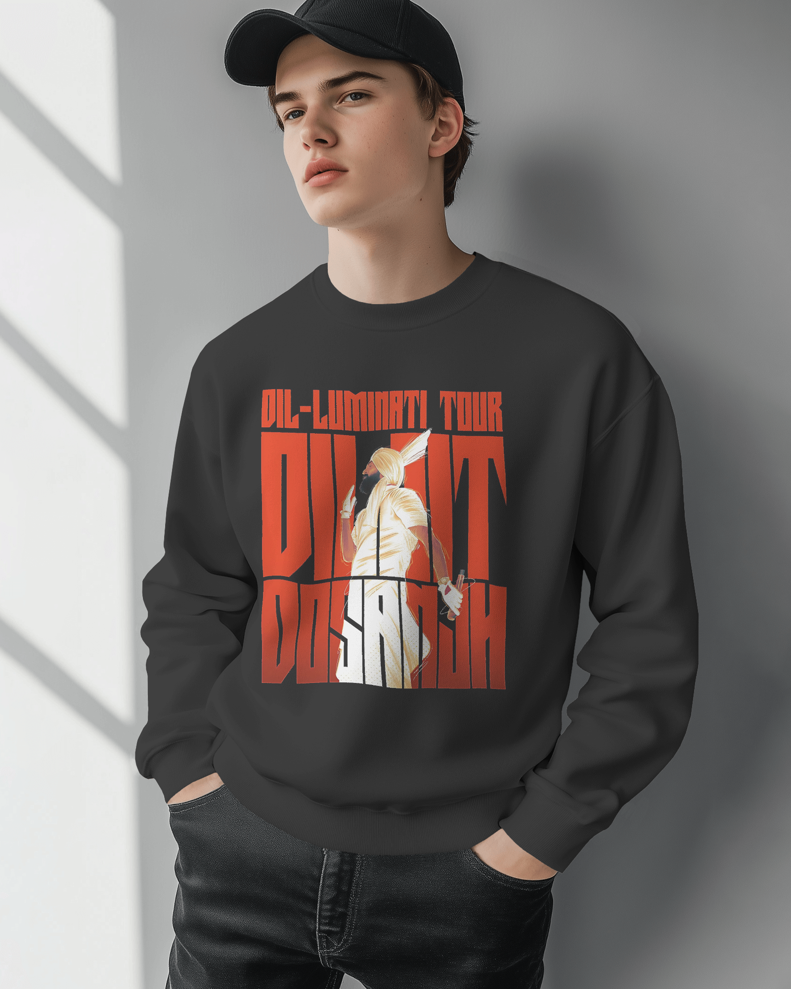 Black Diljit Diluminati sweatshirt from Nitorious Atelier featuring a bold graphic inspired by Diljit Dosanjh. Made from premium cotton fleece, this sweatshirt combines comfort and style, perfect for fans looking to make a statement with a unique design.