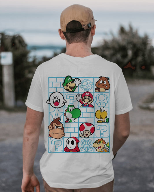 Mario oversized white t-shirt from Nitorious Atelier featuring a vibrant graphic of Mario. Made from premium cotton, this t-shirt provides a comfortable fit and a playful, nostalgic look.