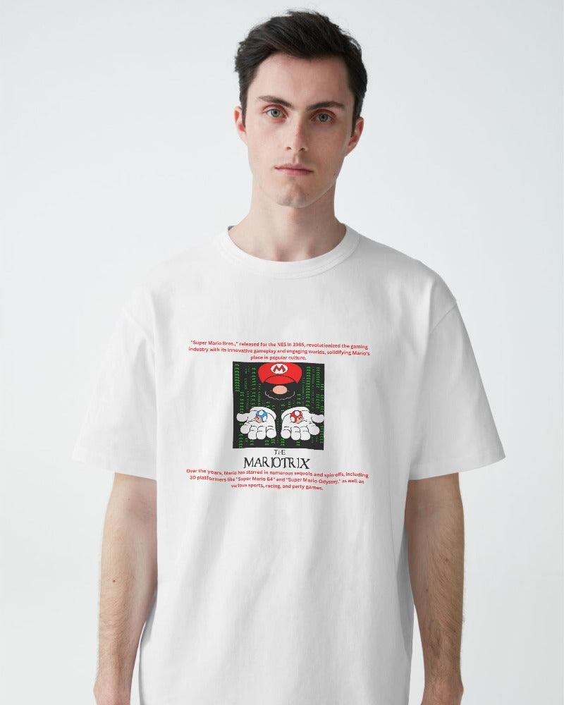 Mario oversized white t-shirt from Nitorious Atelier featuring a vibrant graphic of Mario. Made from premium cotton, this t-shirt provides a comfortable fit and a playful, nostalgic look.