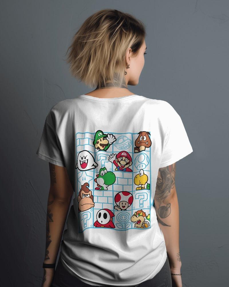 Mario oversized white t-shirt from Nitorious Atelier featuring a vibrant graphic of Mario. Made from premium cotton, this t-shirt provides a comfortable fit and a playful, nostalgic look.
