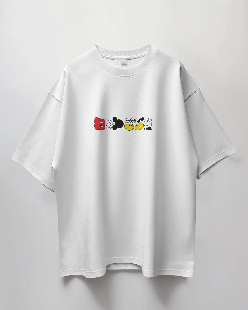 White oversized t-shirt from Nitorious Atelier featuring a playful Mickey Mouse graphic. Crafted from premium cotton, this t-shirt offers a comfortable and nostalgic style for Disney fans.