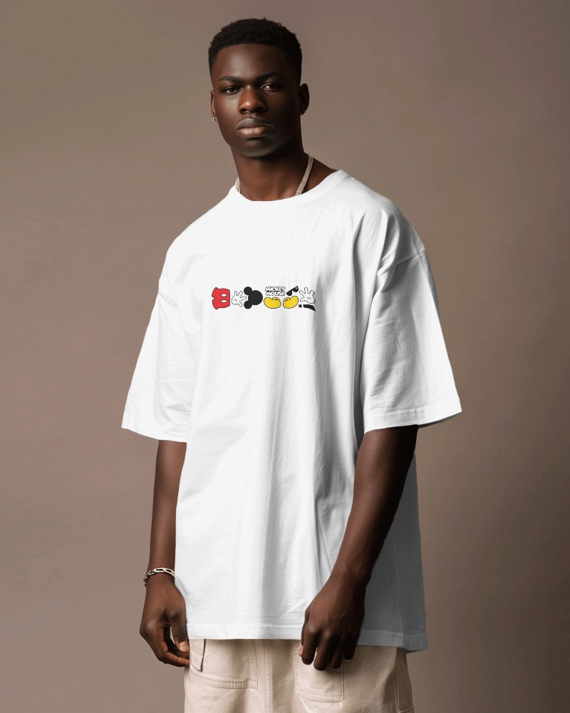 White oversized t-shirt from Nitorious Atelier featuring a playful Mickey Mouse graphic. Crafted from premium cotton, this t-shirt offers a comfortable and nostalgic style for Disney fans.