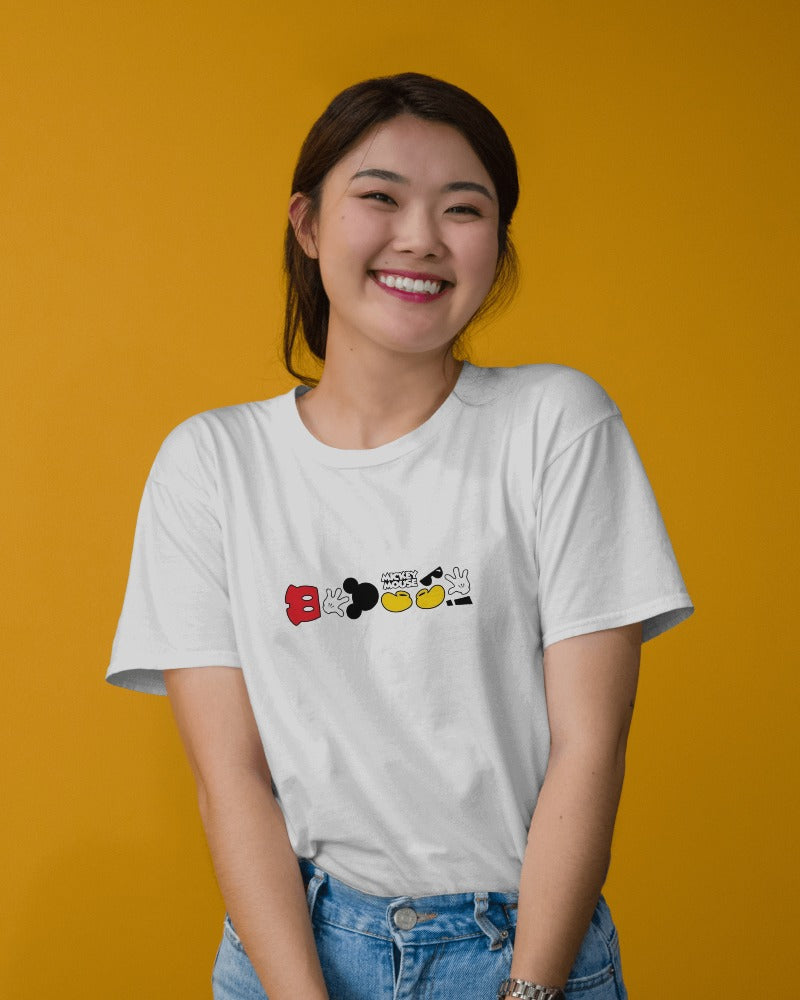 White oversized t-shirt from Nitorious Atelier featuring a playful Mickey Mouse graphic. Crafted from premium cotton, this t-shirt offers a comfortable and nostalgic style for Disney fans.