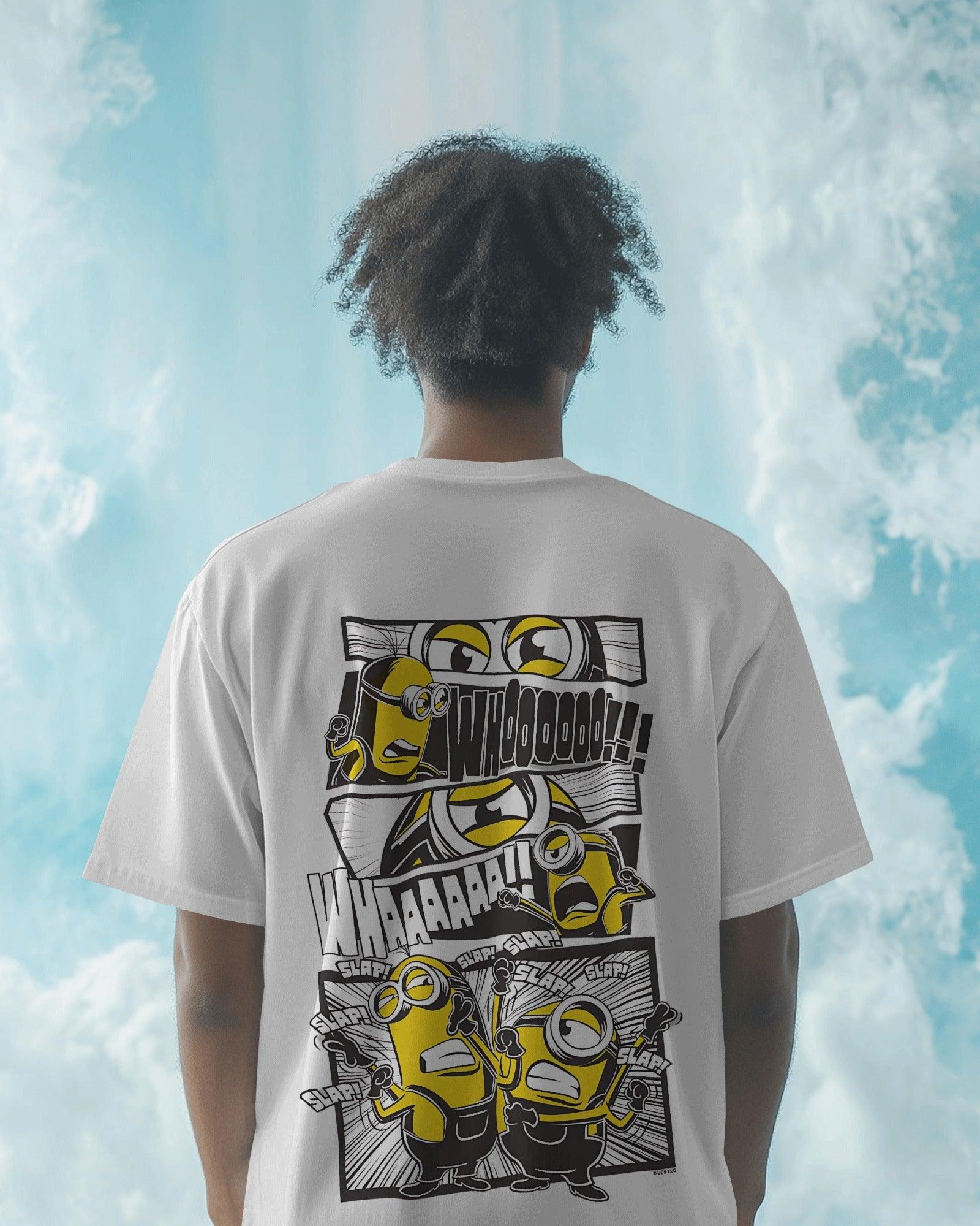 White oversized t-shirt from Nitorious Atelier featuring a bold Minion-inspired graphic print. Made from premium cotton for a soft, comfortable, and durable fit.