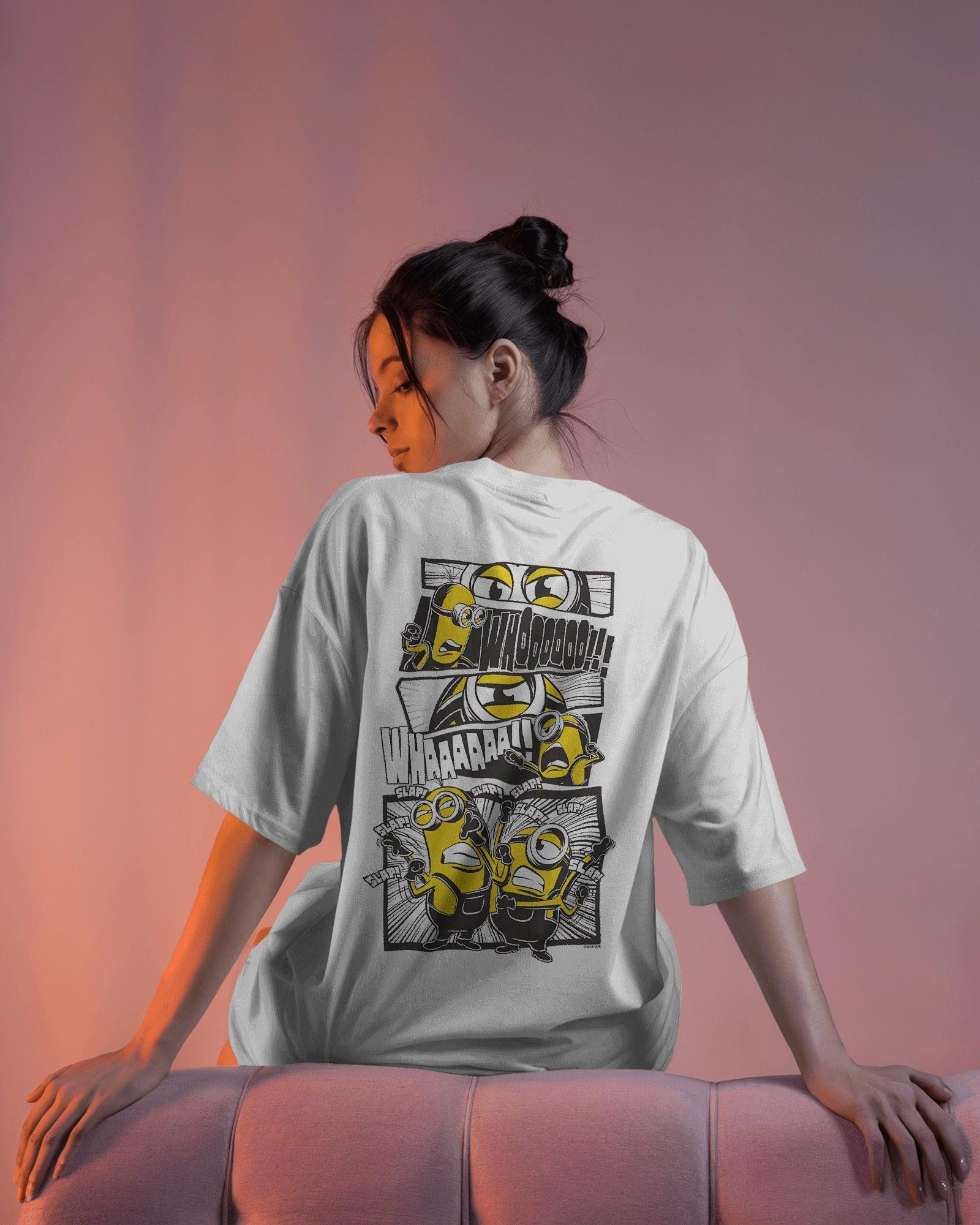 White oversized t-shirt from Nitorious Atelier featuring a bold Minion-inspired graphic print. Made from premium cotton for a soft, comfortable, and durable fit.