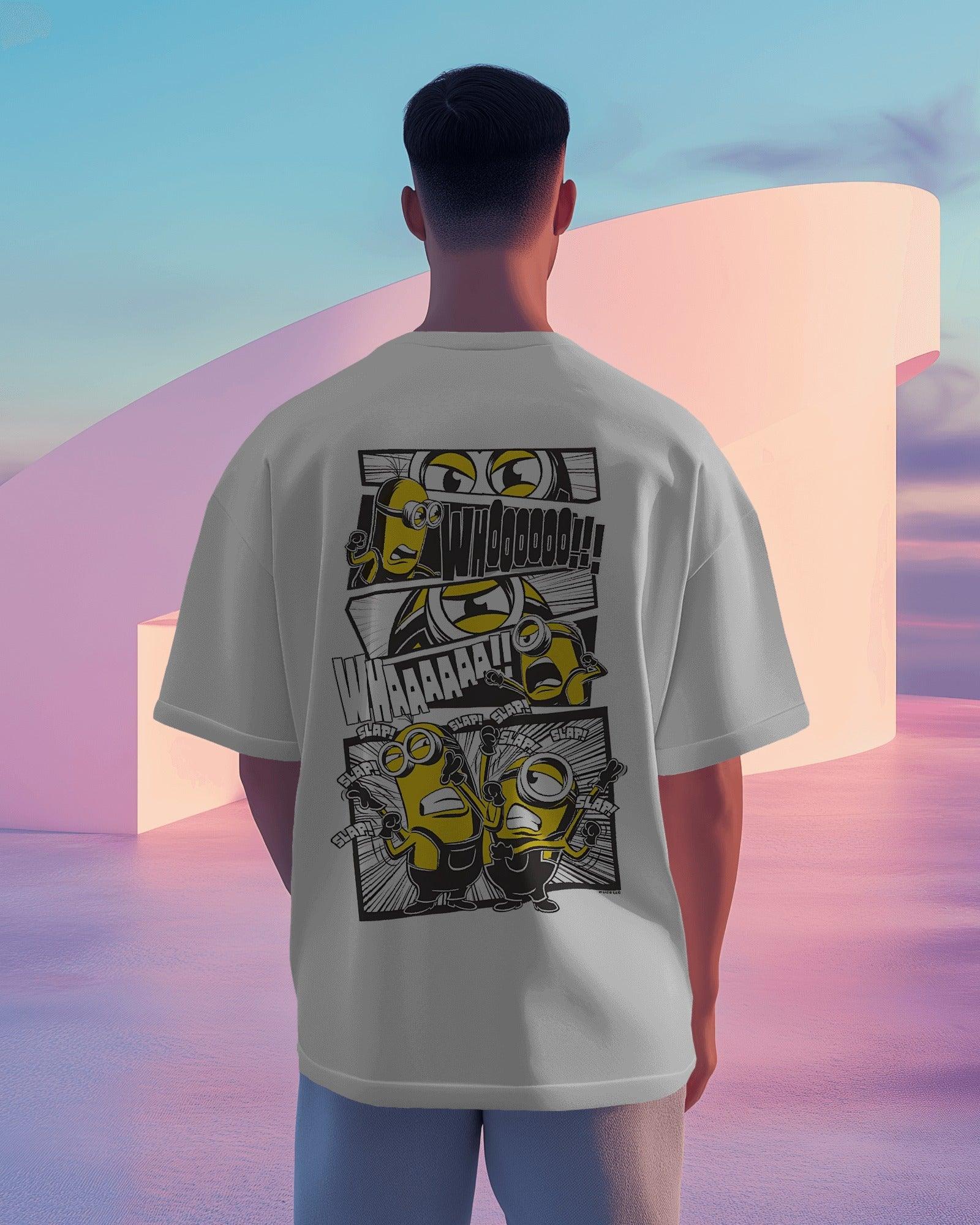 White oversized t-shirt from Nitorious Atelier featuring a bold Minion-inspired graphic print. Made from premium cotton for a soft, comfortable, and durable fit.