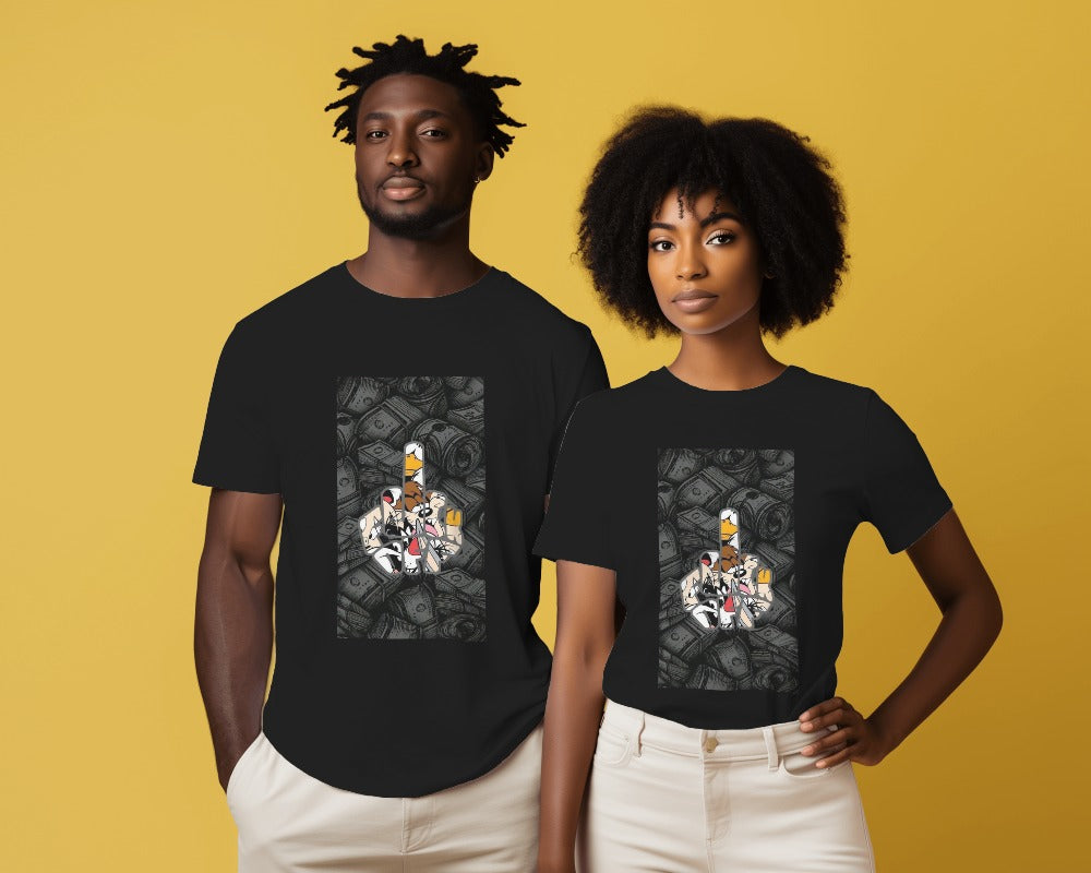 Black regular fit t-shirt from Nitorious Atelier featuring a sleek 'MoneyTunes' graphic design. Made from premium cotton, this t-shirt combines comfort with urban style, ideal for casual outings