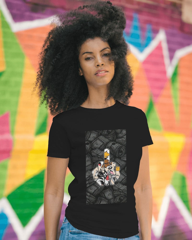 Black regular fit t-shirt from Nitorious Atelier featuring a sleek 'MoneyTunes' graphic design. Made from premium cotton, this t-shirt combines comfort with urban style, ideal for casual outings