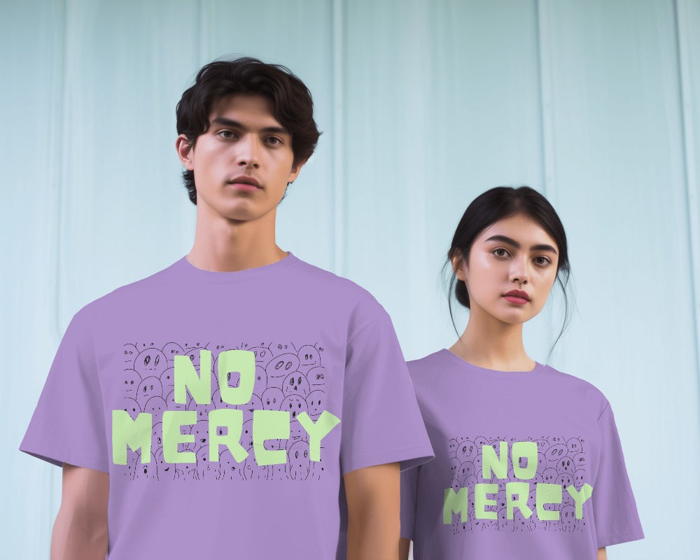 Lavender oversized t-shirt from Nitorious Atelier showcasing the fierce 'No Mercy' print. Crafted from premium cotton, this statement piece combines boldness with comfort for a powerful look.