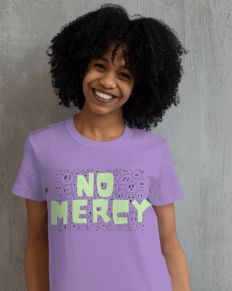 Lavender oversized t-shirt from Nitorious Atelier showcasing the fierce 'No Mercy' print. Crafted from premium cotton, this statement piece combines boldness with comfort for a powerful look.