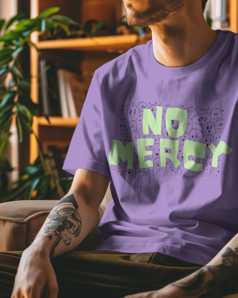 Lavender oversized t-shirt from Nitorious Atelier showcasing the fierce 'No Mercy' print. Crafted from premium cotton, this statement piece combines boldness with comfort for a powerful look.