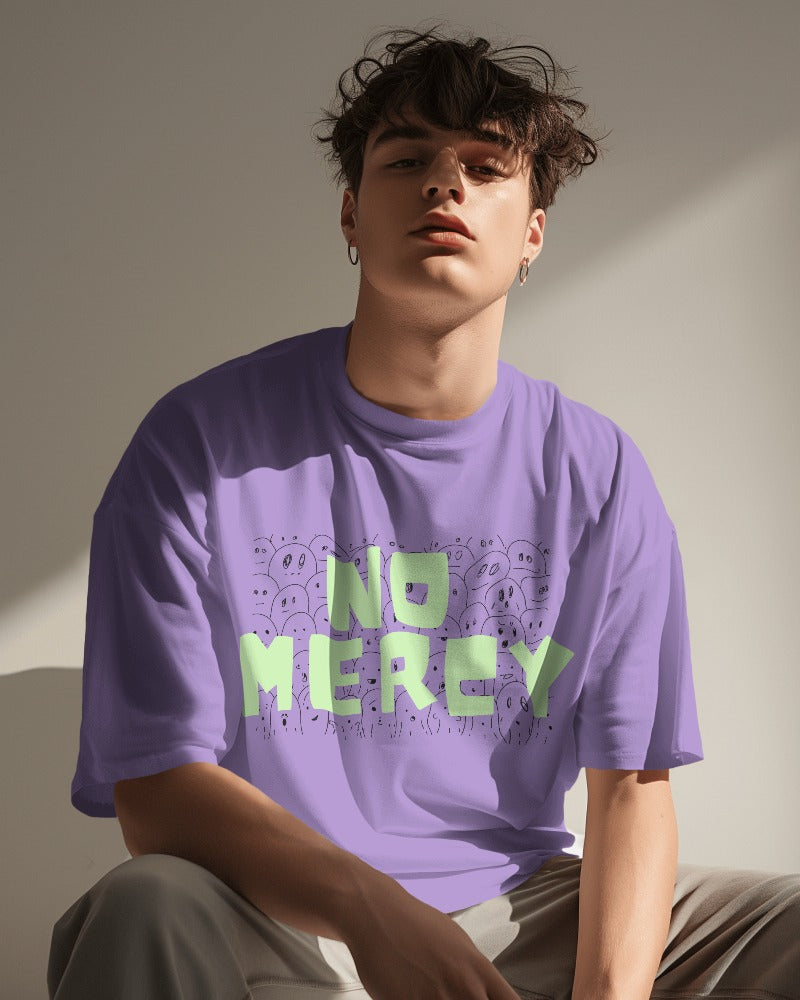 Lavender oversized t-shirt from Nitorious Atelier showcasing the fierce 'No Mercy' print. Crafted from premium cotton, this statement piece combines boldness with comfort for a powerful look.