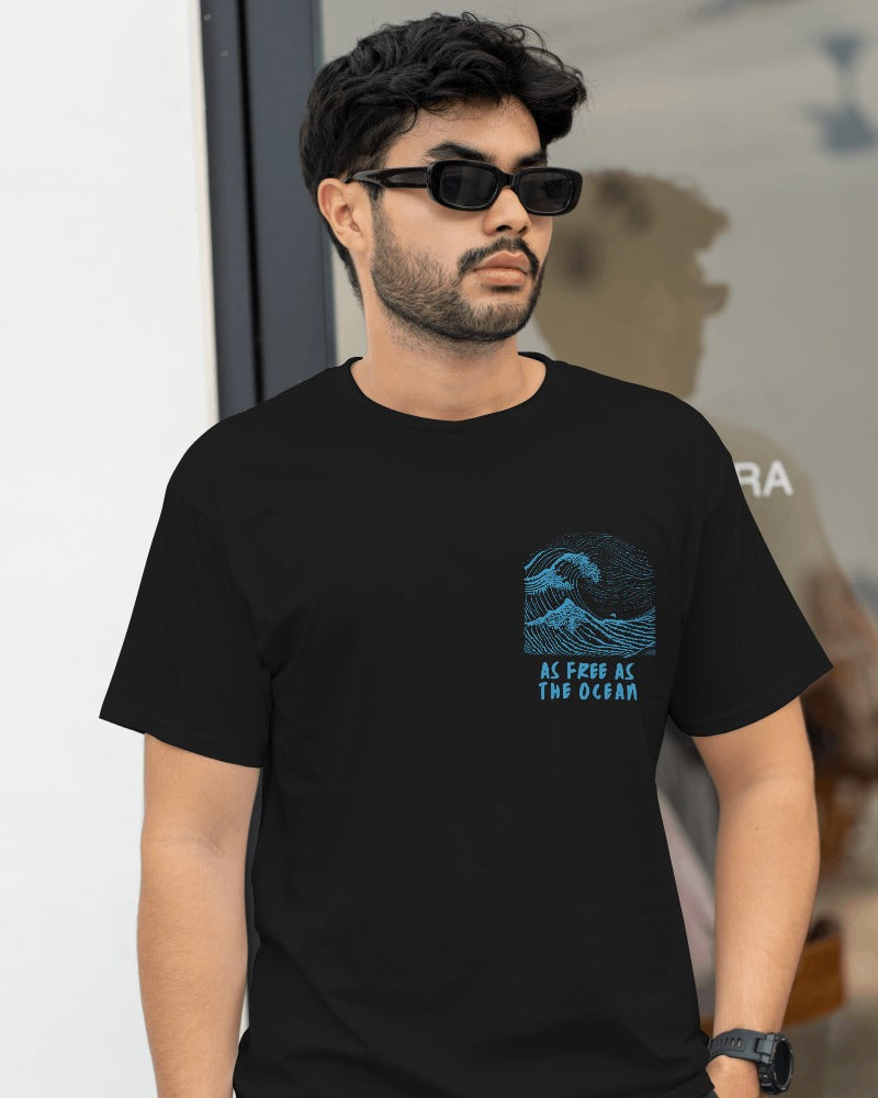 Black oversized t-shirt from Nitorious Atelier showcasing a captivating ocean print. Crafted from premium cotton, this statement piece offers a comfortable and stylish look, perfect for beach lovers and casual wear.