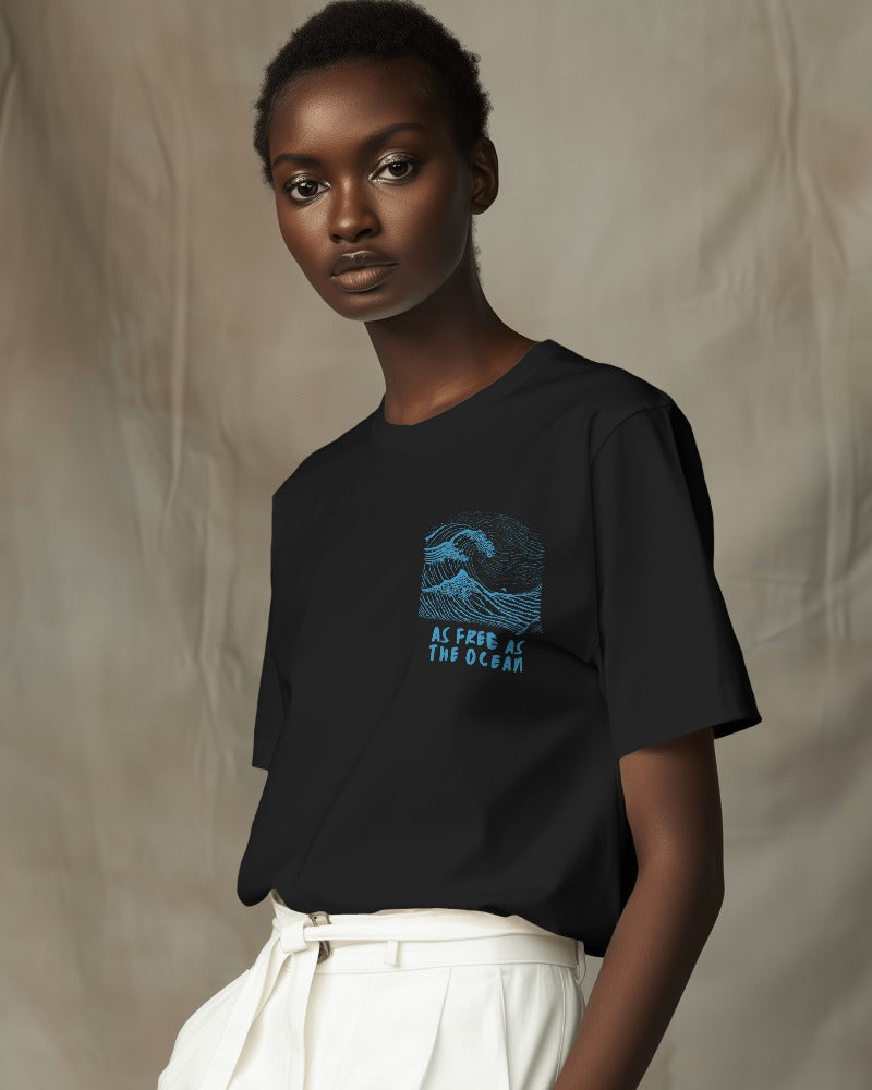 Black oversized t-shirt from Nitorious Atelier showcasing a captivating ocean print. Crafted from premium cotton, this statement piece offers a comfortable and stylish look, perfect for beach lovers and casual wear.