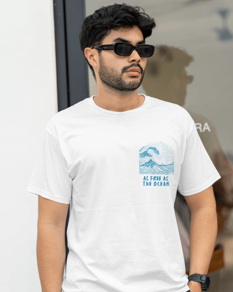 White oversized t-shirt from Nitorious Atelier featuring a stunning ocean print. Made from premium cotton, this shirt blends comfort and style effortlessly, ideal for those who love beach-inspired fashion.