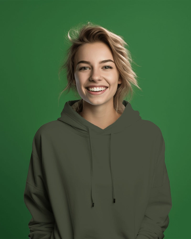 Nitorious Atelier olive Luxe hoodie crafted from premium cotton fleece, featuring a rich green hue and a soft, comfortable fit. This hoodie combines style and warmth, making it an ideal choice for everyday wear.