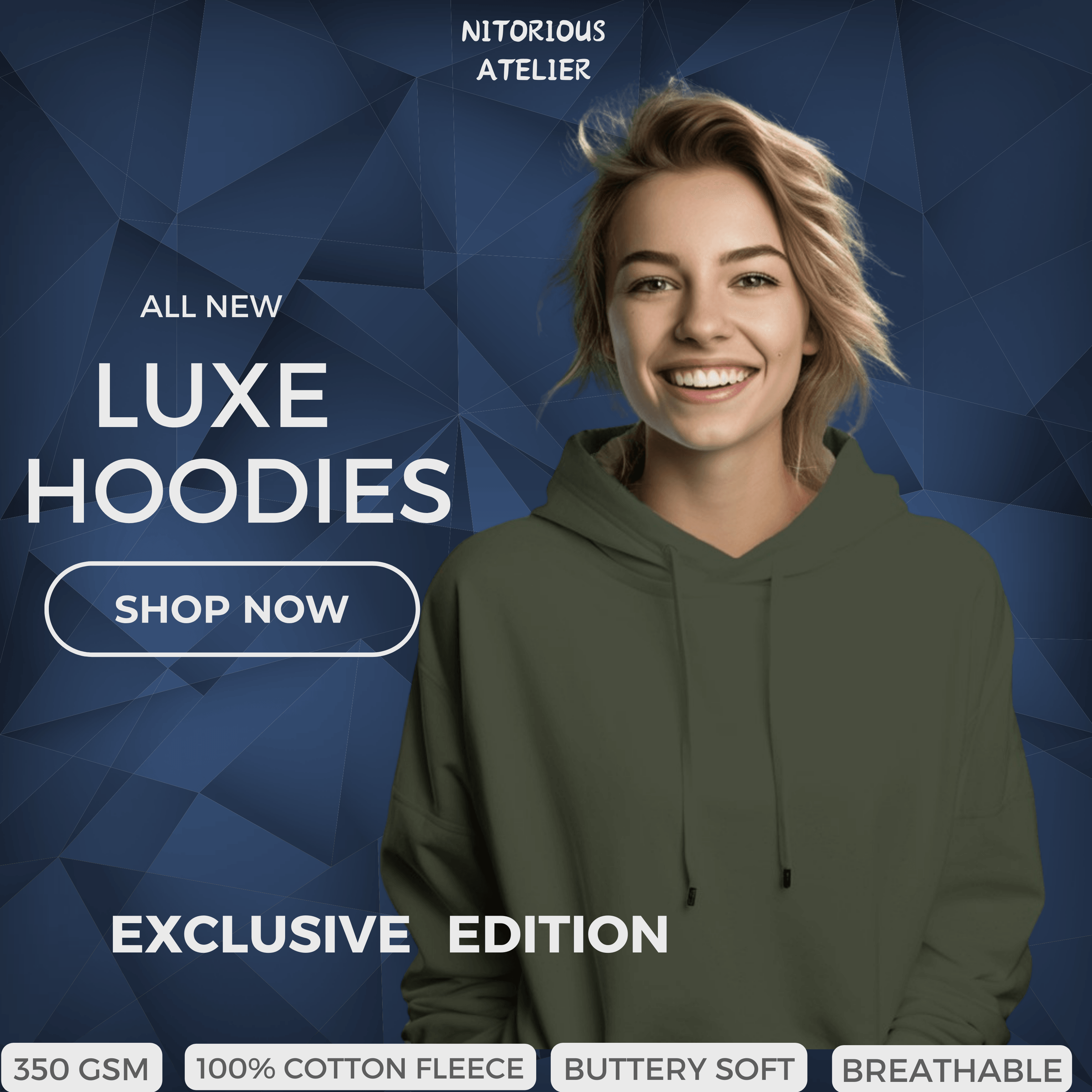 Nitorious Atelier olive Luxe hoodie crafted from premium cotton fleece, featuring a rich green hue and a soft, comfortable fit. This hoodie combines style and warmth, making it an ideal choice for everyday wear.
