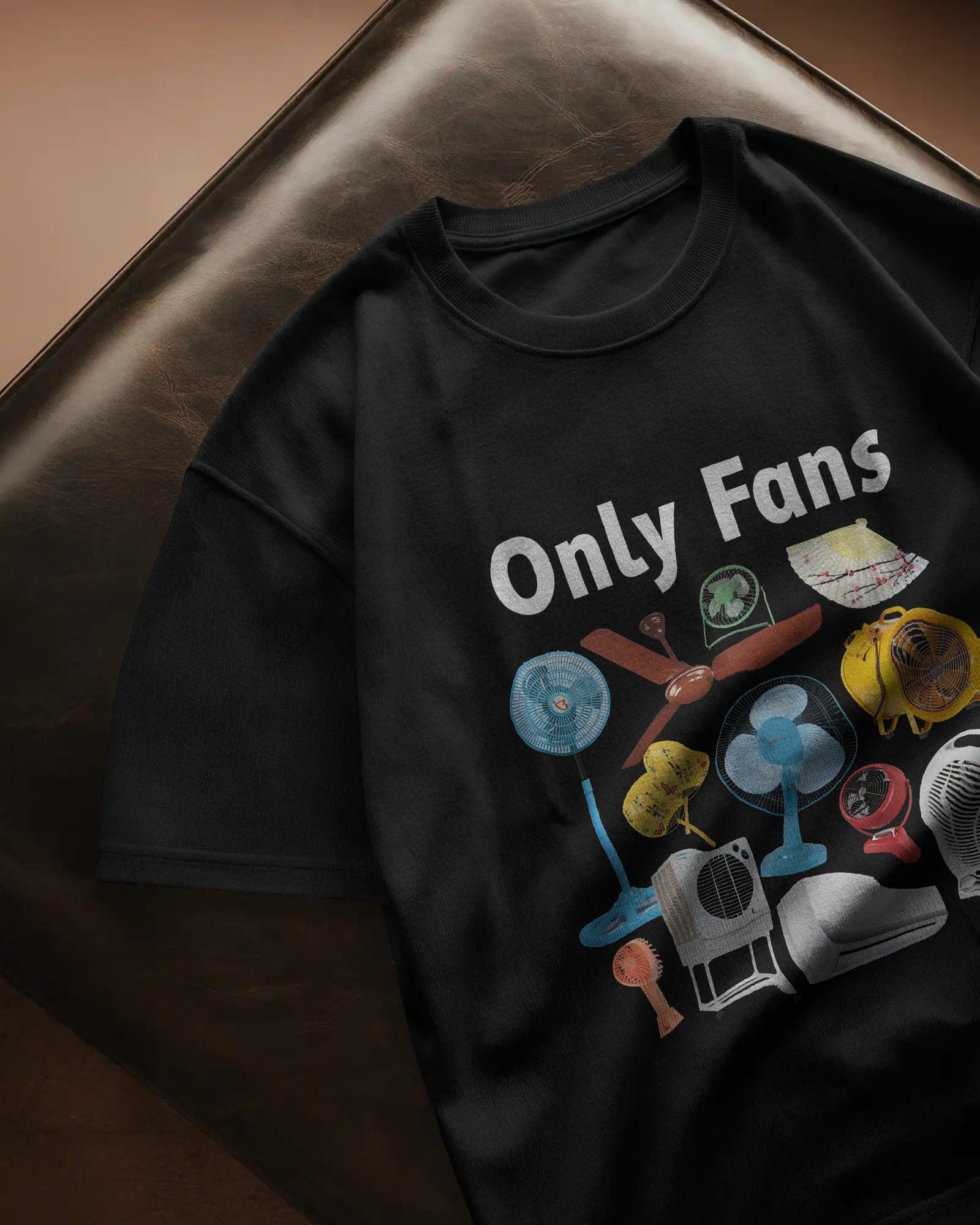 Black oversized "Only Fans" t-shirt from Nitorious Atelier, featuring bold white typography on premium cotton. Designed for comfort and statement streetwear style.