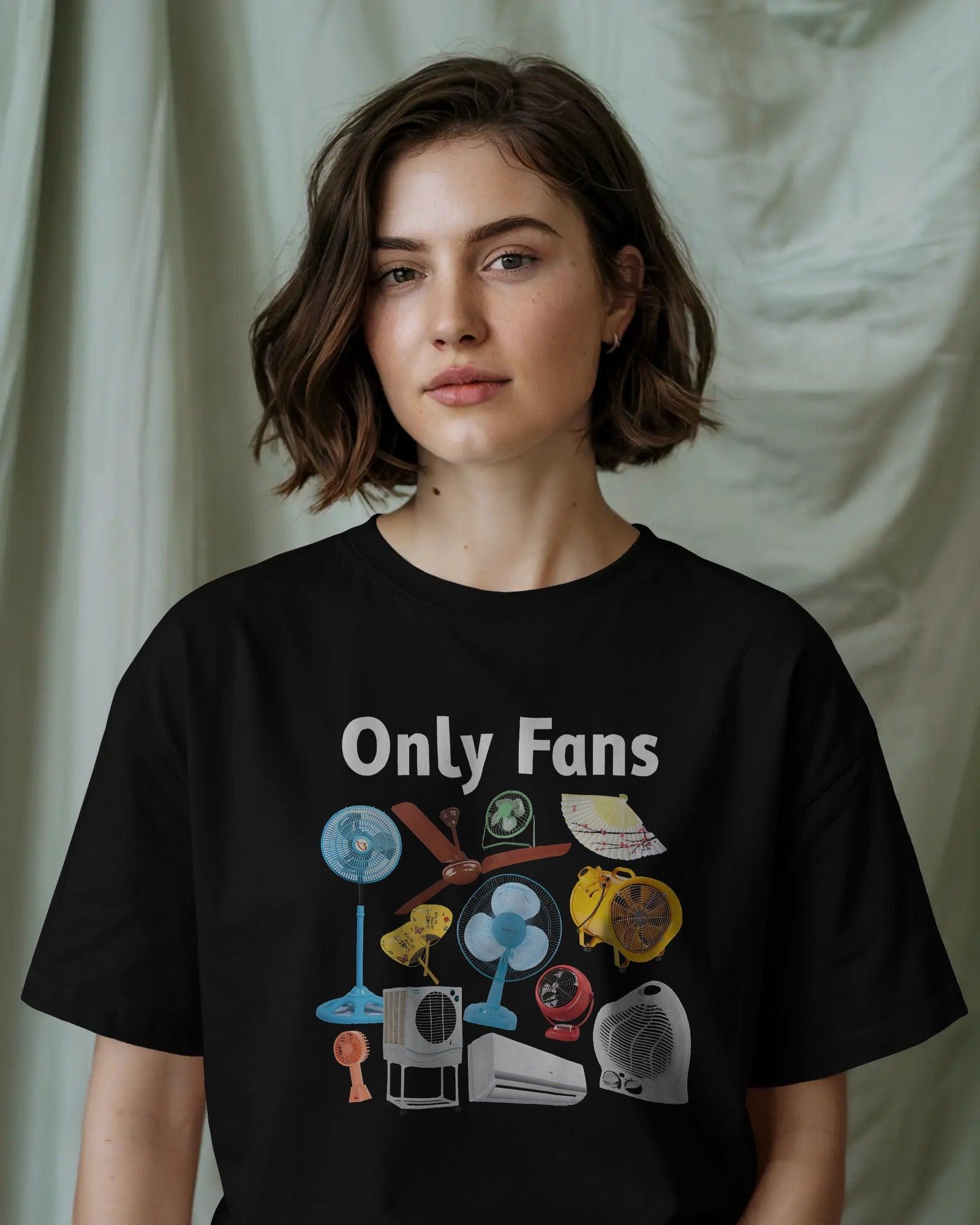 Black oversized "Only Fans" t-shirt from Nitorious Atelier, featuring bold white typography on premium cotton. Designed for comfort and statement streetwear style.