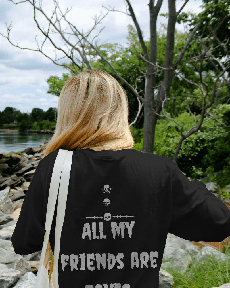 An oversized, All my friends are toxic Printed Black tee from Nitorious Atelier, offering comfort and style in equal measure.