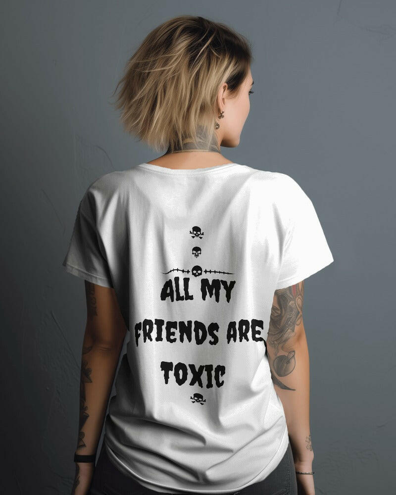 An oversized, All my friends are toxic Printed tee from Nitorious Atelier, offering comfort and style in equal measure..