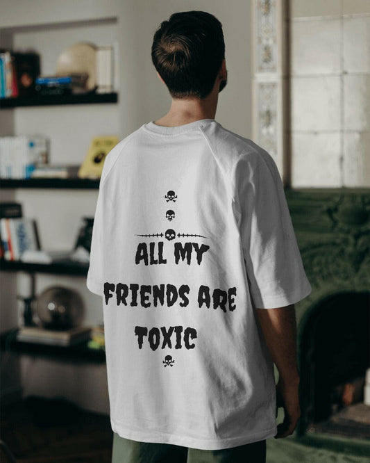 An oversized, All my friends are toxic Printed tee from Nitorious Atelier, offering comfort and style in equal measure.