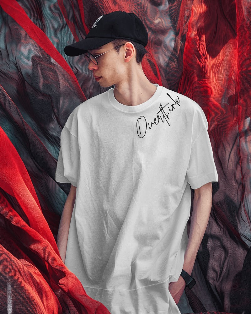 Overthinking printed oversized t-shirt in white from Nitorious Atelier featuring a minimalist and thought-provoking graphic. Made from premium cotton, this t-shirt offers comfort and a contemporary, introspective style.