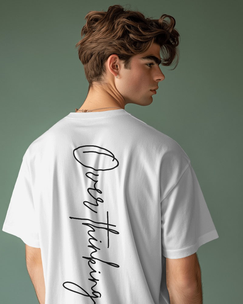 Overthinking printed oversized t-shirt in white from Nitorious Atelier featuring a minimalist and thought-provoking graphic. Made from premium cotton, this t-shirt offers comfort and a contemporary, introspective style.