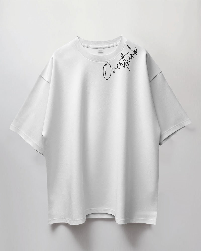 Overthinking printed oversized t-shirt in white from Nitorious Atelier featuring a minimalist and thought-provoking graphic. Made from premium cotton, this t-shirt offers comfort and a contemporary, introspective style.