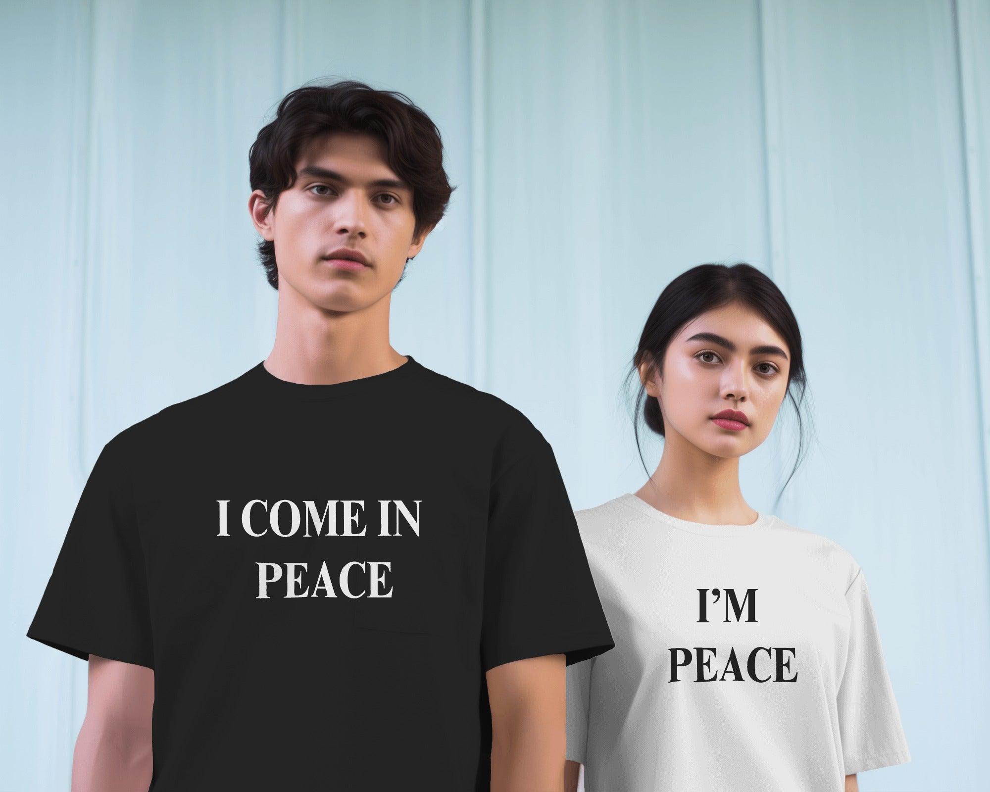 Peace Couple T-shirt set from Nitorious Atelier featuring a bold 'Peace' graphic design. Made from premium cotton for ultimate comfort and style—perfect for couples who stand for peace with attitude