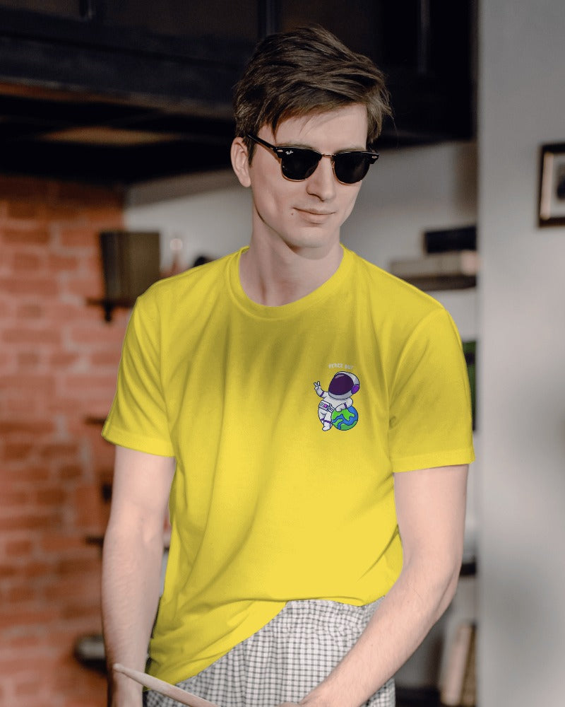 Peace yellow regular fit t-shirt from Nitorious Atelier. Featuring a serene peace symbol graphic, this t-shirt is crafted from premium cotton for a comfortable and durable wear. Perfect for spreading positive vibes in a stylish way