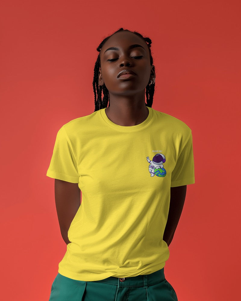 Peace yellow regular fit t-shirt from Nitorious Atelier. Featuring a serene peace symbol graphic, this t-shirt is crafted from premium cotton for a comfortable and durable wear. Perfect for spreading positive vibes in a stylish way