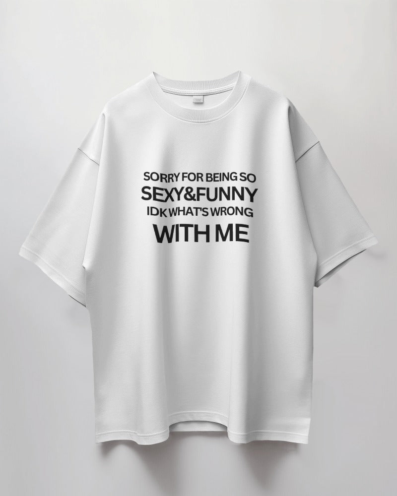 Casual t-shirt from Notorious Atelier featuring a playful text print that reads, 'Sorry for being so sexy and funny, IDK what's wrong with me.' Made from soft cotton, this t-shirt adds humor and confidence to your wardrobe.