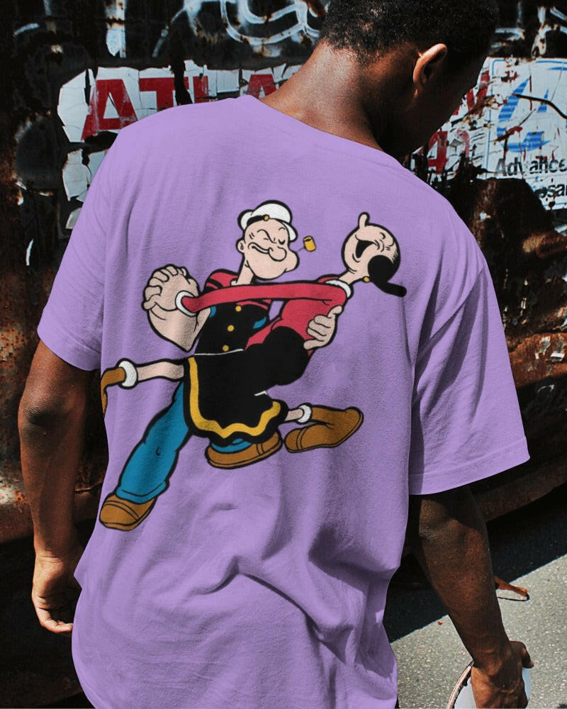 A fun and nostalgic t-shirt featuring a vibrant graphic of Popeye the Sailor. Crafted from premium cotton fabric, this oversized fit t-shirt provides exceptional comfort and a touch of retro style, perfect for casual wear and fans of classic cartoons.