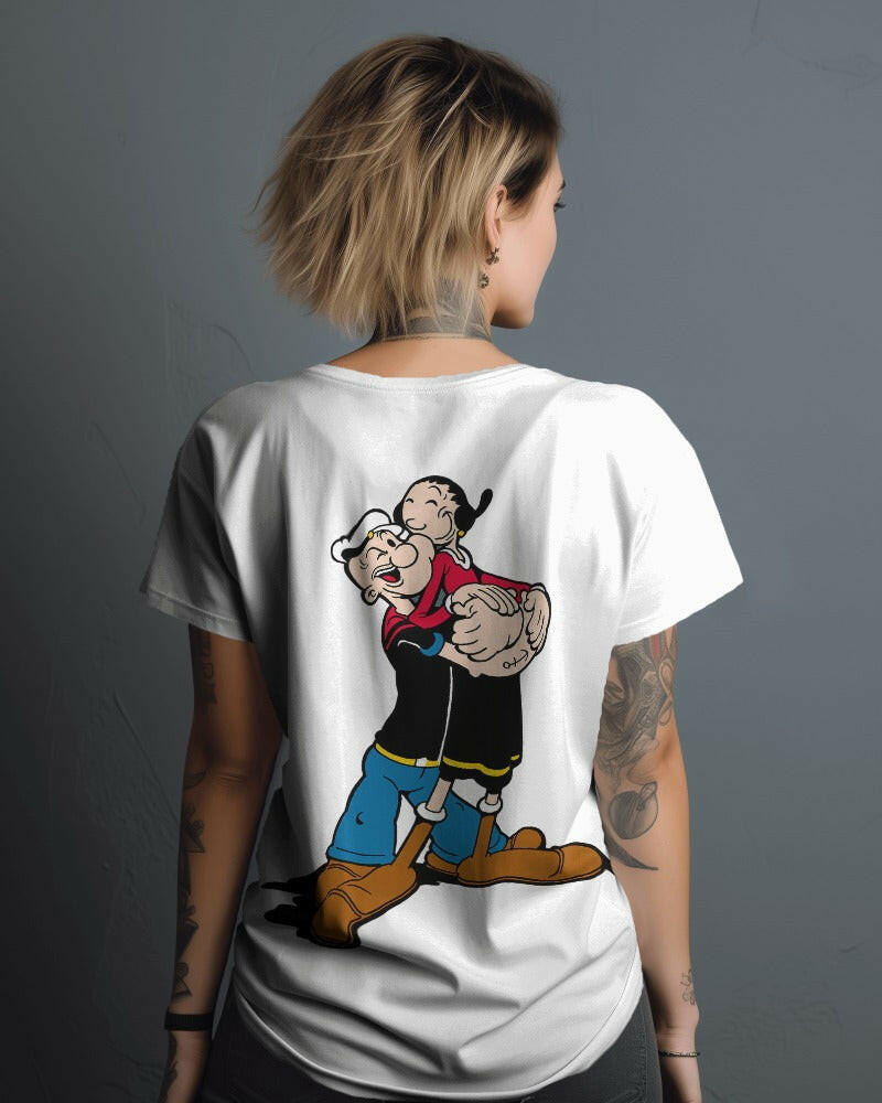 A fun and nostalgic t-shirt featuring a vibrant graphic of Popeye the Sailor. Crafted from premium cotton fabric, this oversized fit t-shirt provides exceptional comfort and a touch of retro style, perfect for casual wear and fans of classic cartoons.