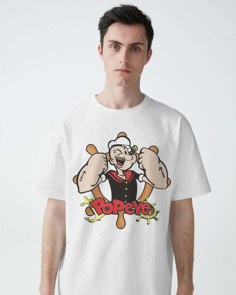 A fun and nostalgic t-shirt featuring a vibrant graphic of Popeye the Sailor. Crafted from premium cotton fabric, this oversized fit t-shirt provides exceptional comfort and a touch of retro style, perfect for casual wear and fans of classic cartoons.