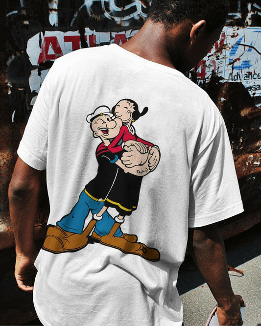 A fun and nostalgic t-shirt featuring a vibrant graphic of Popeye the Sailor. Crafted from premium cotton fabric, this oversized fit t-shirt provides exceptional comfort and a touch of retro style, perfect for casual wear and fans of classic cartoons.