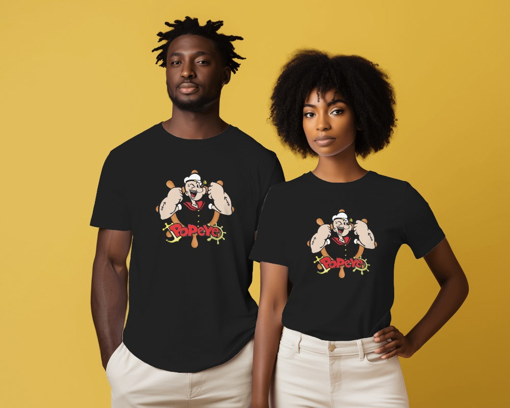 Popeye printed regular t-shirt in black from Nitorious Atelier featuring a classic and playful graphic of Popeye the Sailor. Made from premium cotton, this t-shirt offers comfort and a nostalgic vibe.