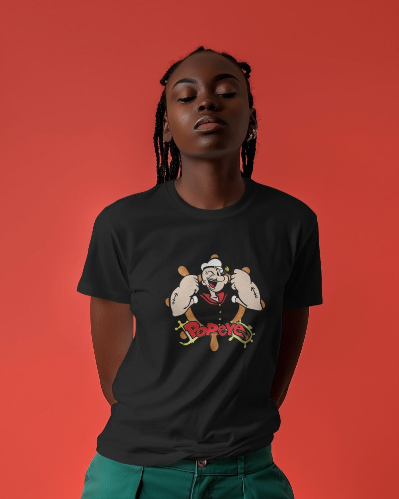 Popeye printed regular t-shirt in black from Nitorious Atelier featuring a classic and playful graphic of Popeye the Sailor. Made from premium cotton, this t-shirt offers comfort and a nostalgic vibe.