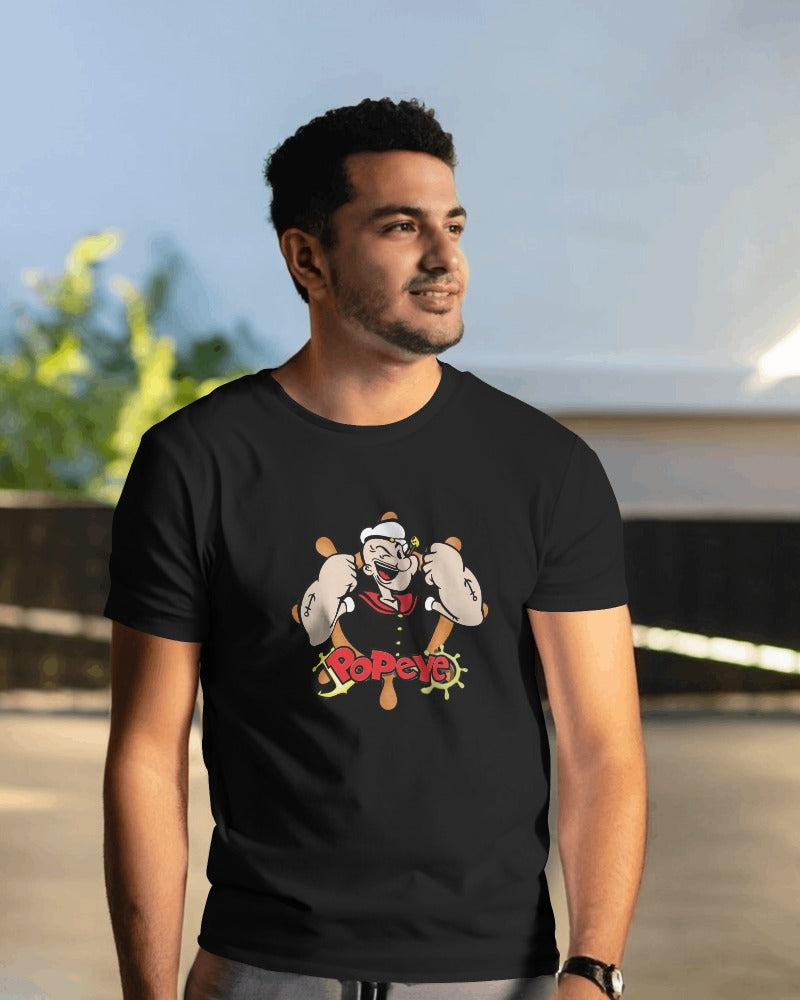 Popeye printed regular t-shirt in black from Nitorious Atelier featuring a classic and playful graphic of Popeye the Sailor. Made from premium cotton, this t-shirt offers comfort and a nostalgic vibe.