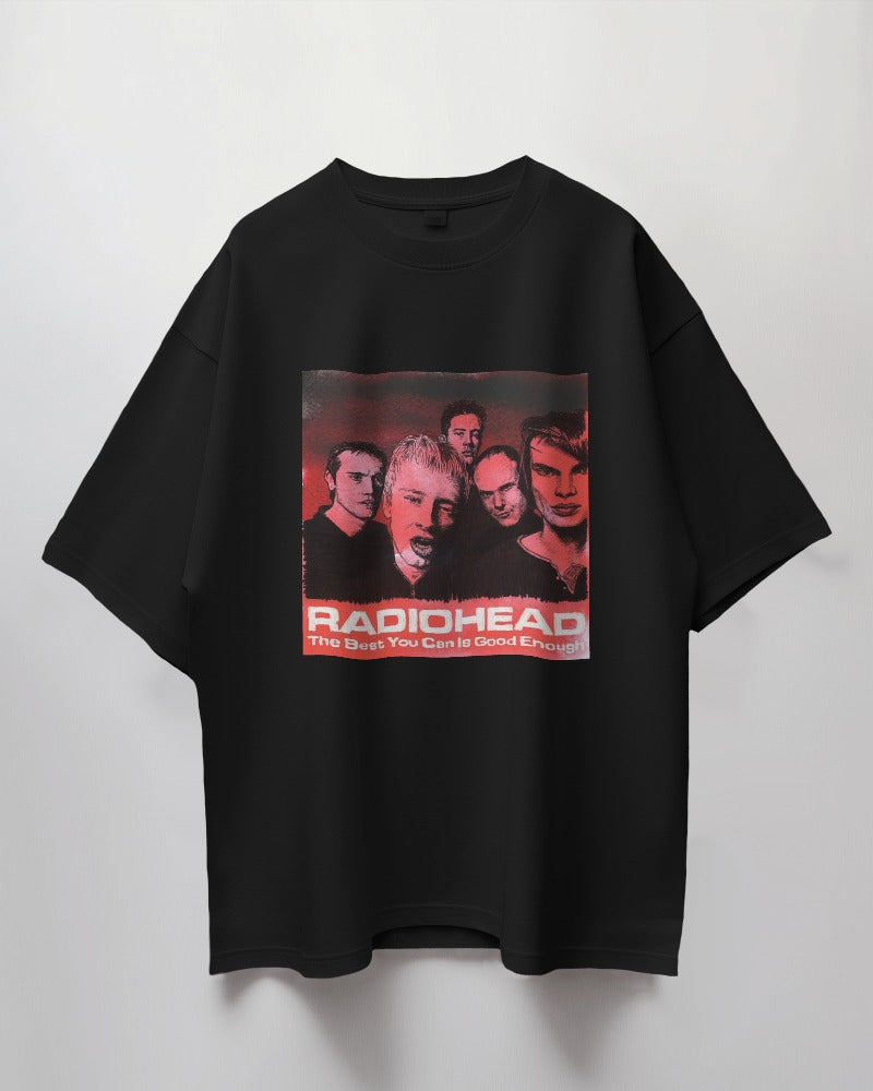 Black oversized t-shirt from Nitorious Atelier featuring a striking Radiohead graphic. Made from premium cotton, this t-shirt provides a comfortable and edgy look for fans of the legendary band.