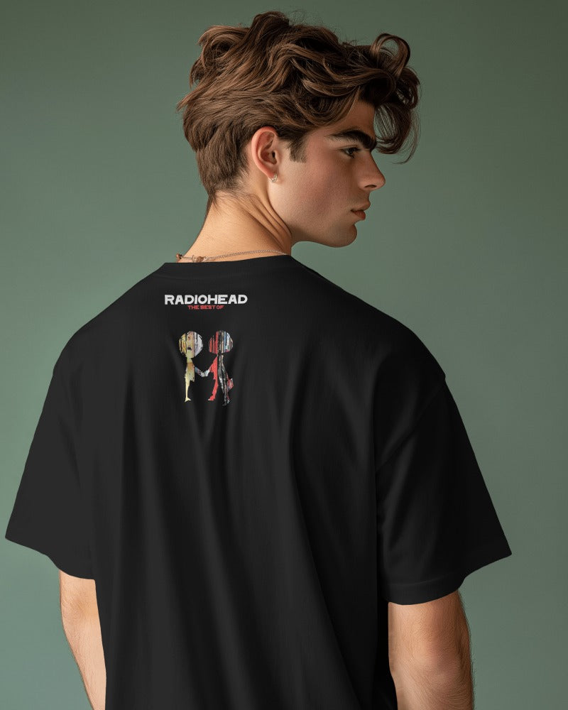 Black oversized t-shirt from Nitorious Atelier featuring a striking Radiohead graphic. Made from premium cotton, this t-shirt provides a comfortable and edgy look for fans of the legendary band.